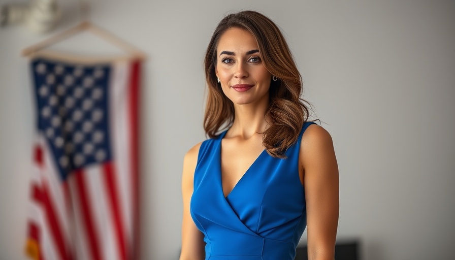 GOP Lawmaker in blue dress standing confidently by American flag.