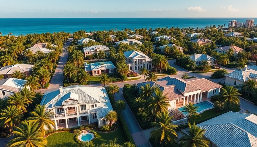 Aerial view of Palm Beach homes, illustrating price trend.