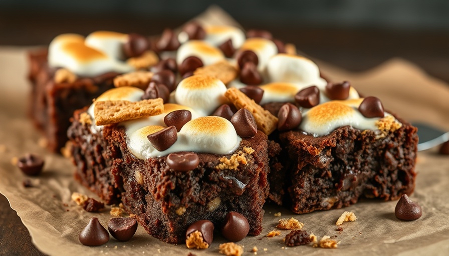Protein S'mores Brownies topped with marshmallows and graham crackers on a baking sheet.