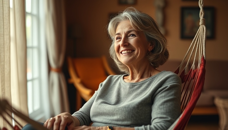 Middle-aged woman in hammock embracing healthy habits indoors.