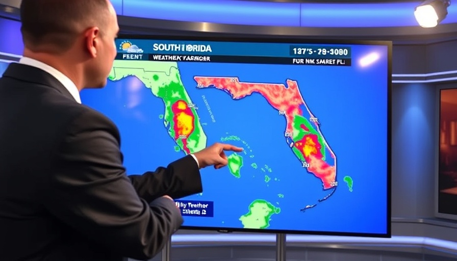 Weather forecaster presents South Florida weather forecast on radar map.