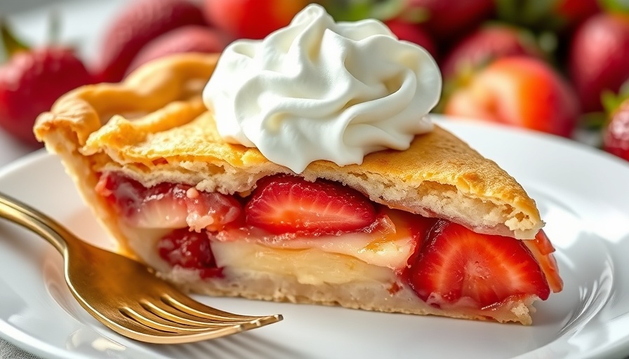 Close-up of strawberry apple pie slice with whipped cream.