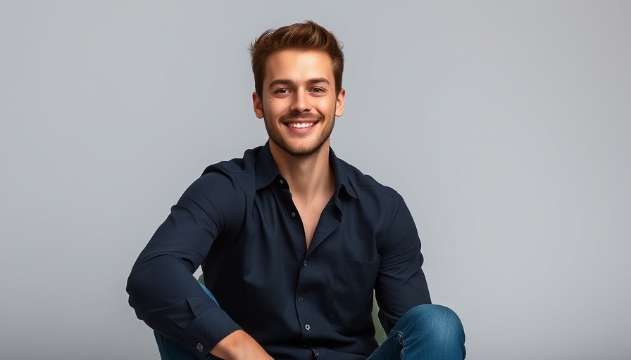 Young man smiling confidently in casual attire, Men's Facial Rejuvenation