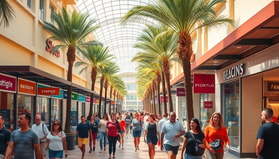 South Florida shopping center with shoppers and palm trees