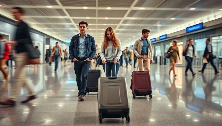 Travelers with luggage in airport highlighting American Express Clear Plus benefit.
