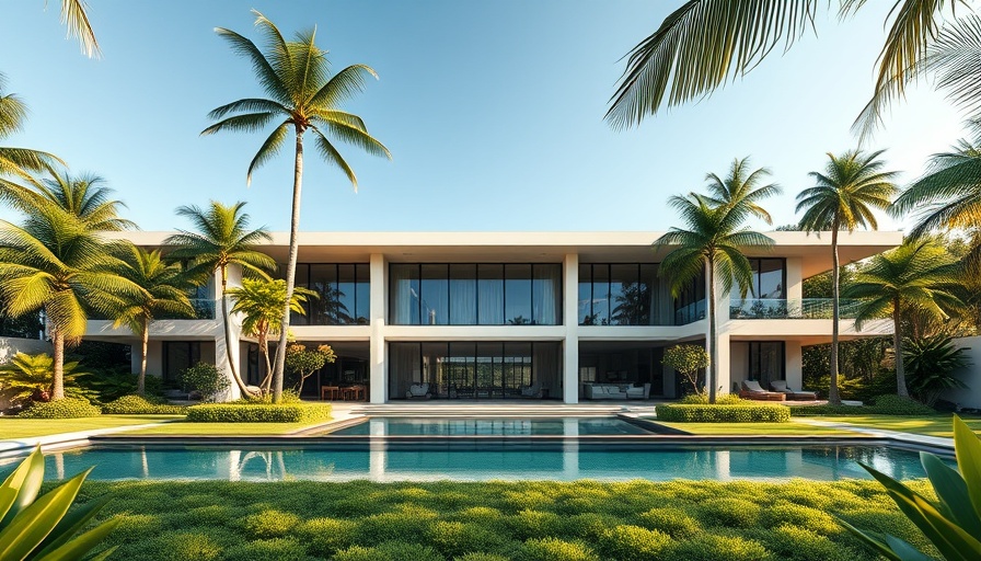 Florida luxury real estate with modern mansion and tropical landscaping.