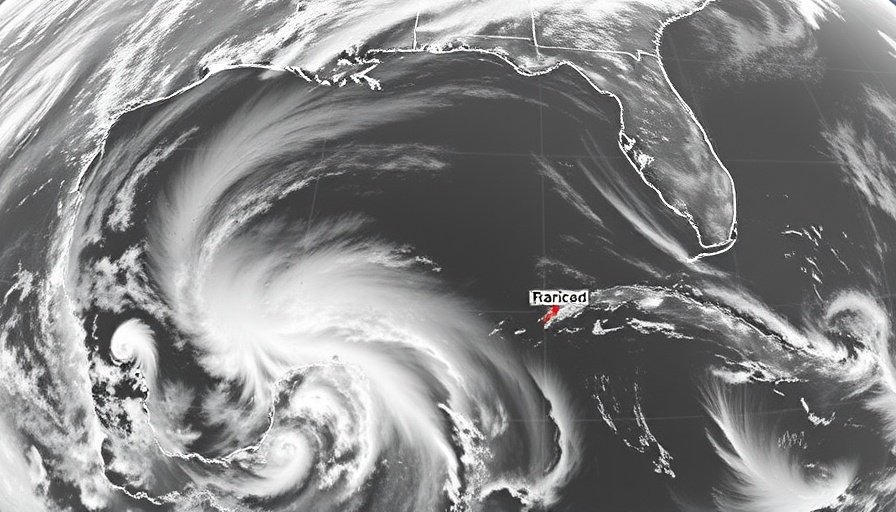 Satellite weather map showing tropical system development off Florida.