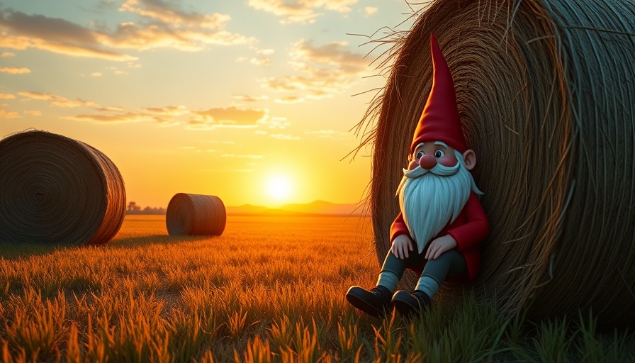 Serene sunset in Florida field with hay bales and gnome character, fall events in Florida.