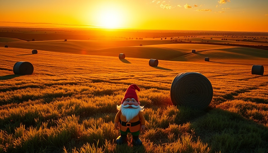 Sunset over hay bale field in Florida with whimsical gnome.