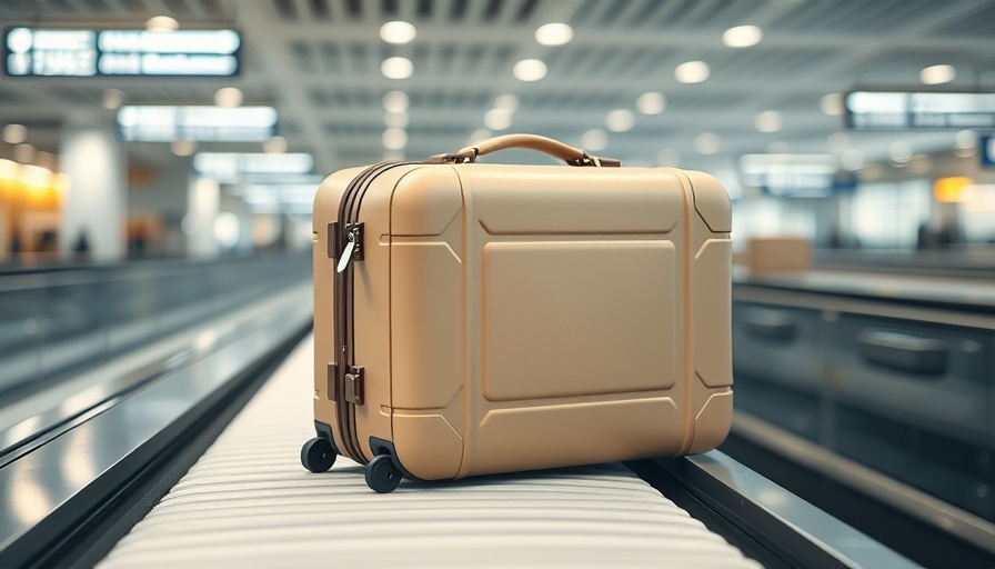 Beige suitcase on airport conveyor with travel tags.