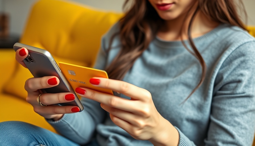 Woman holding smartphone and card for online banking.