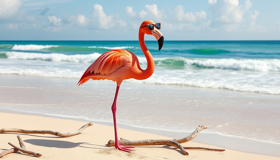 Sanibel recovery update with a cartoon flamingo by a serene beach.