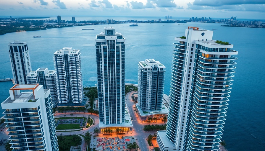 Aerial view of modern Miami-Dade condos with coastal backdrop, highlighting real estate.