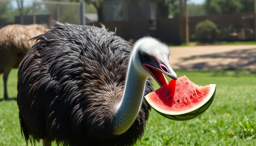 Emu eating watermelon at Back to Nature Wildlife Refuge reopening