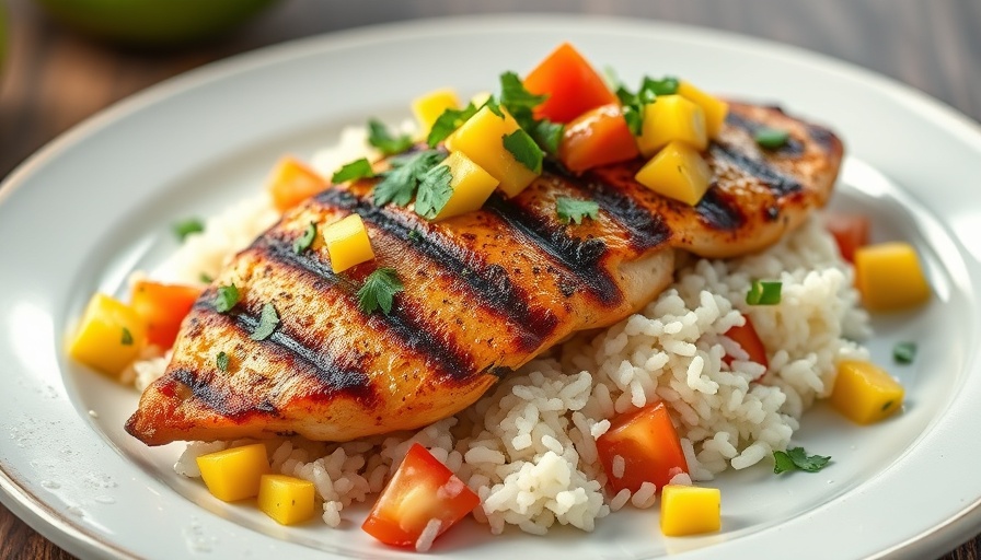Cilantro lime chicken with mango salsa on rice, vibrant presentation.