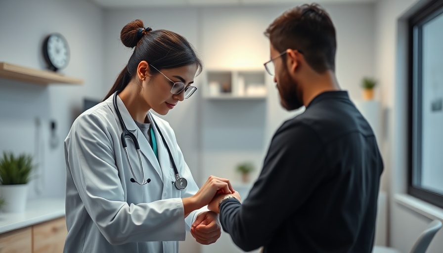 Healthcare professional examining patient, modern office setting.