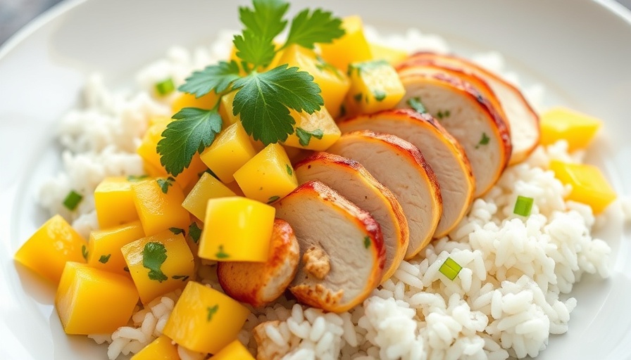 Cilantro lime chicken with vibrant mango salsa served on rice.