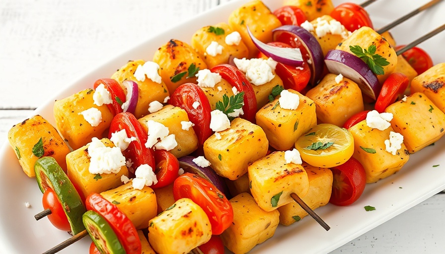 Colorful rainbow grilled gnocchi skewers with vegetables and feta.