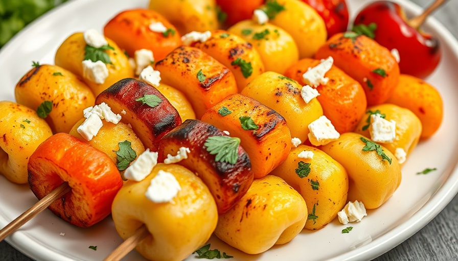 Colorful rainbow grilled gnocchi skewers with herbs and feta.