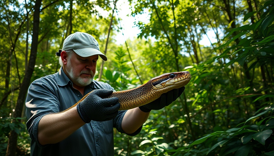 Man handling Burmese Python in a lush forest, capturing the snake.