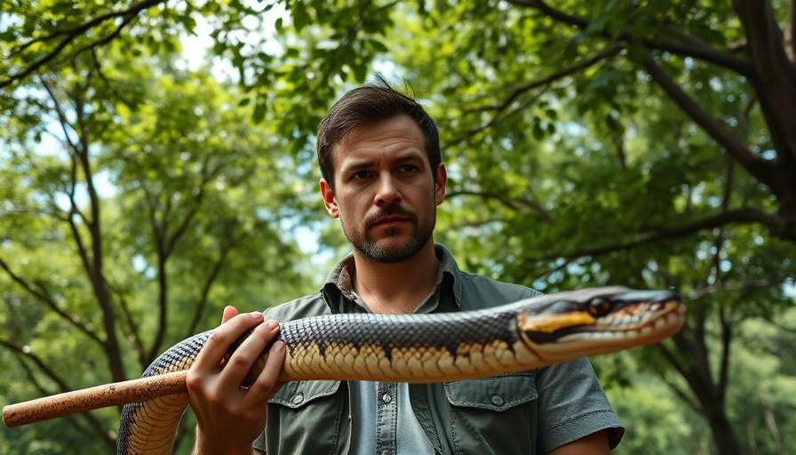 Man learning Burmese python hunting techniques in a lush forest setting.