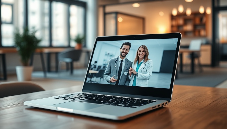Virtual healthcare event on laptop screen in modern office.