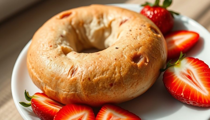 Strawberry cottage cheese bagel sliced open with strawberries.