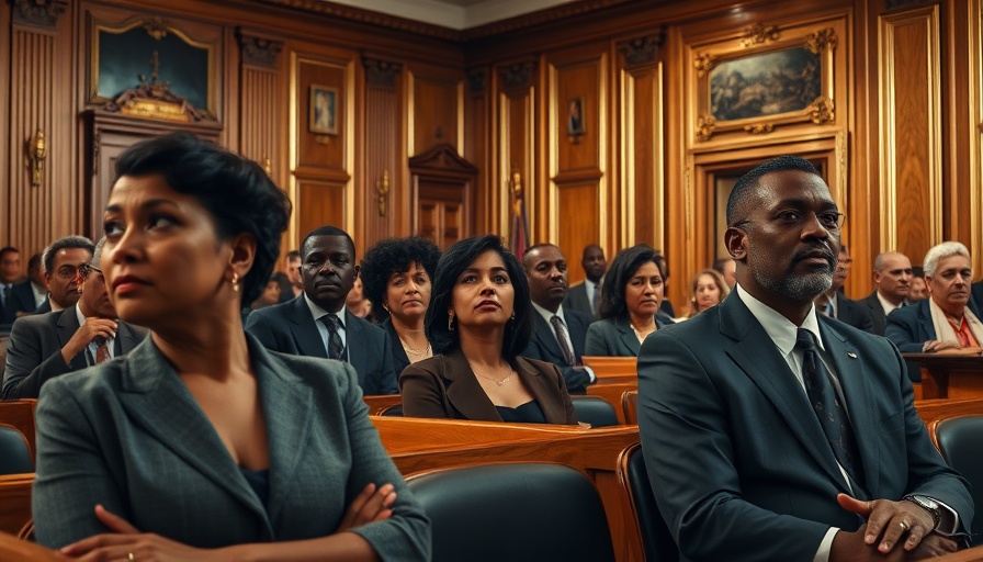 Courtroom scene with diverse individuals in an elegant setting.