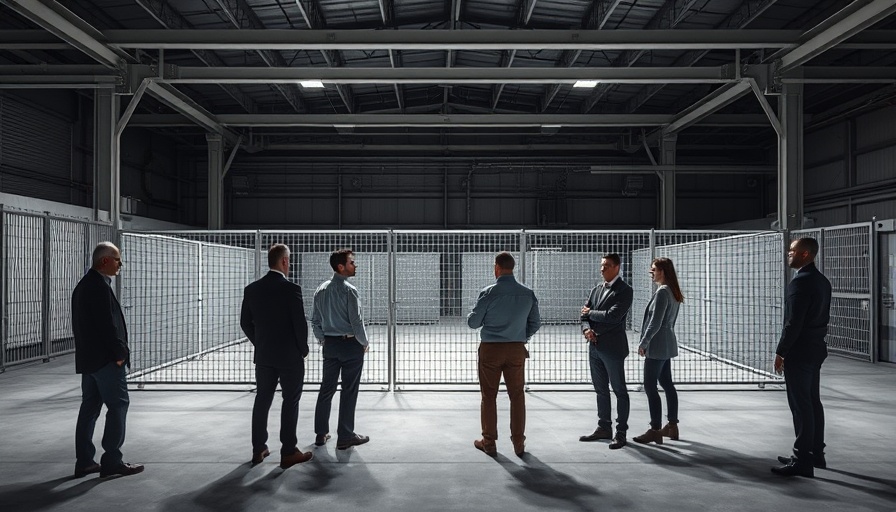 People exploring an industrial fenced area under artificial lighting