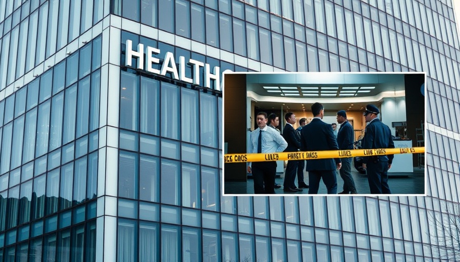 Healthcare building with police scene overlay, highlighting healthcare censorship issues.