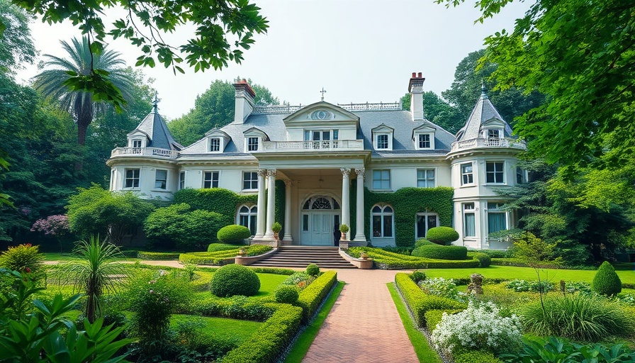 Elegant estate with classic architecture and lush gardens.