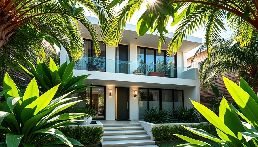 Modern Coral Gables townhome project with elegant architecture and lush green surroundings.