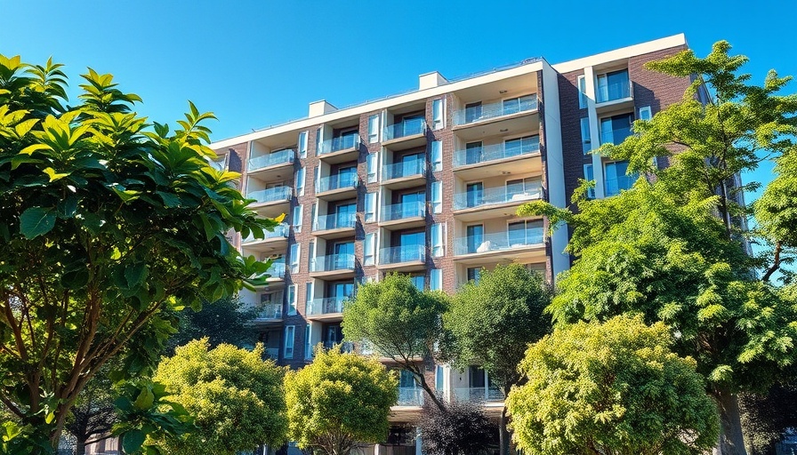 Greystar apartment complex with lush gardens under blue sky.