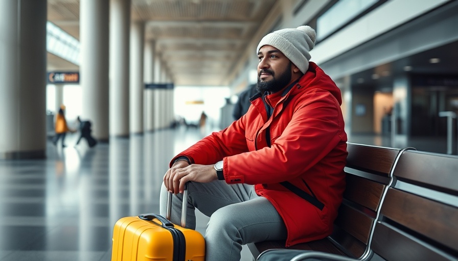 Traveler waiting at airport with yellow suitcase - EU261 airline delay compensation.