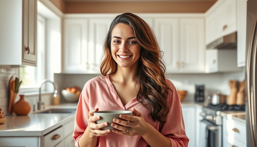Smiling woman in pink holding a bowl in a bright kitchen, strategies to keep after travel.