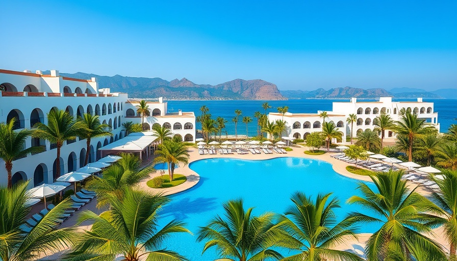 Luxurious Hyatt resort with pools and palm trees under blue sky.
