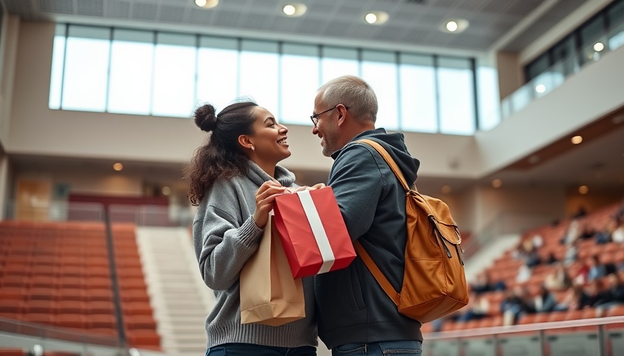 Two people embrace with sobriety gifts, emotional indoor setting.