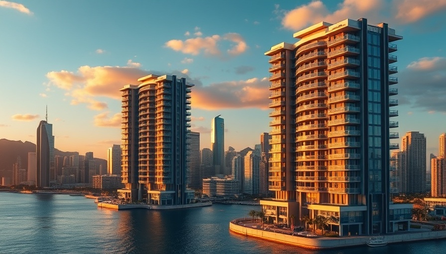 North Bay Village condo towers reflecting on bay at sunset.