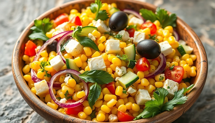 Vibrant Mediterranean corn salad with fresh ingredients.