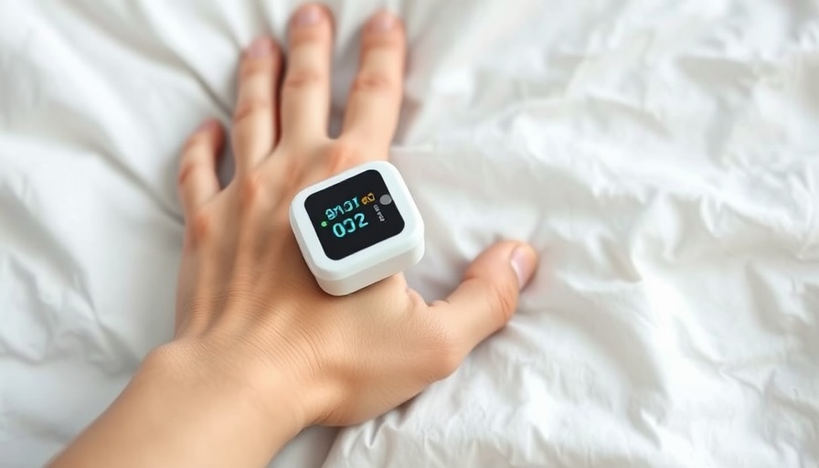 Close-up of hand with pulse oximeter on white sheet, post-surgery setting.