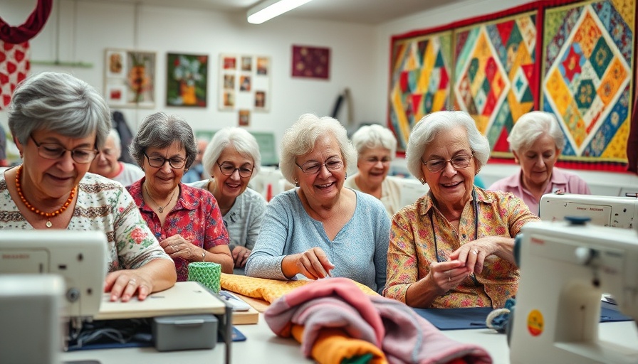 Ladies of the Lakes Quilting Community busy at work in a bright sewing room.