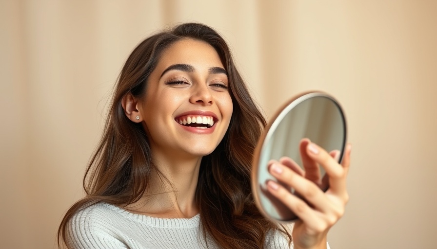 Young woman smiling while holding a mirror indoors, feeling great.