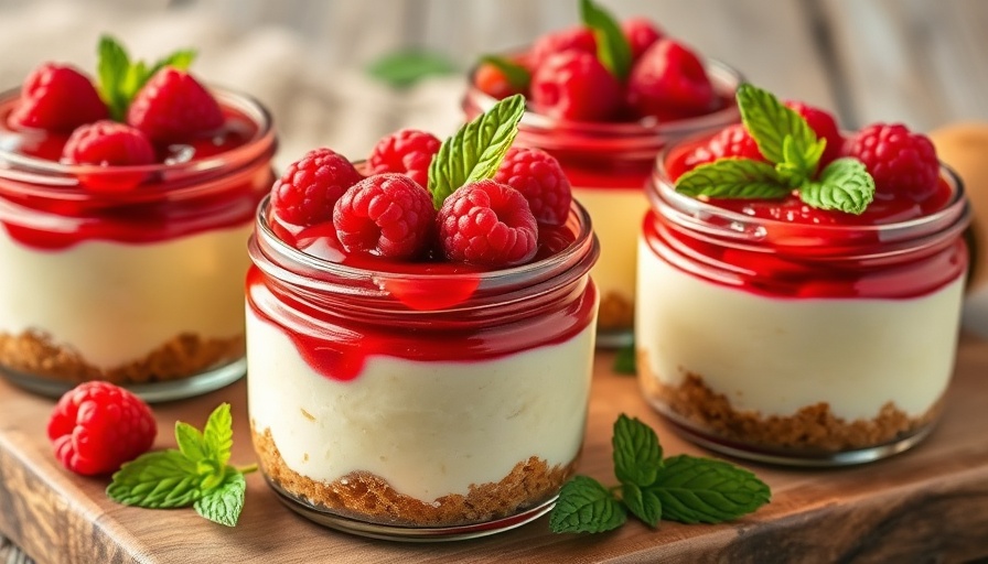 High-protein cheesecake jars with raspberry and mint on a wooden board.