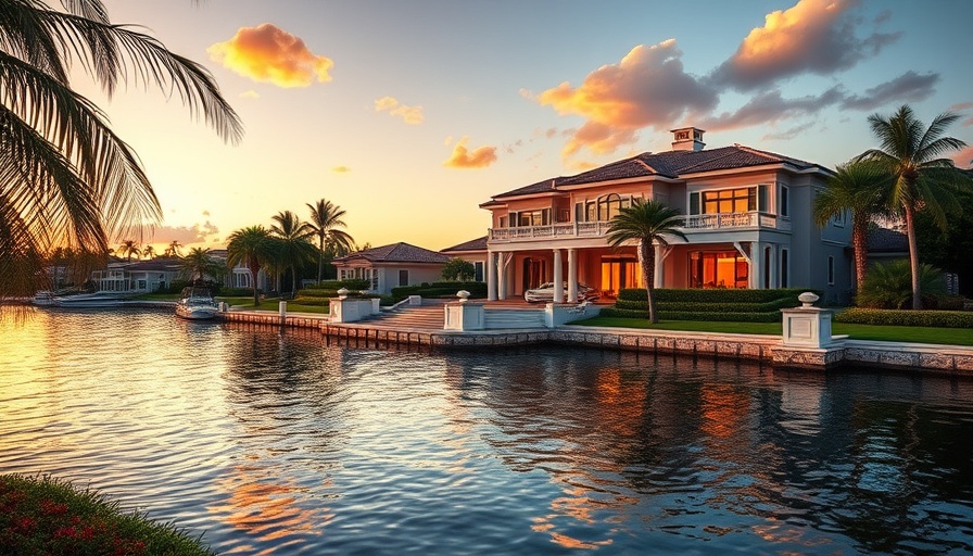 Coral Gables waterfront mansion at sunset for sale.