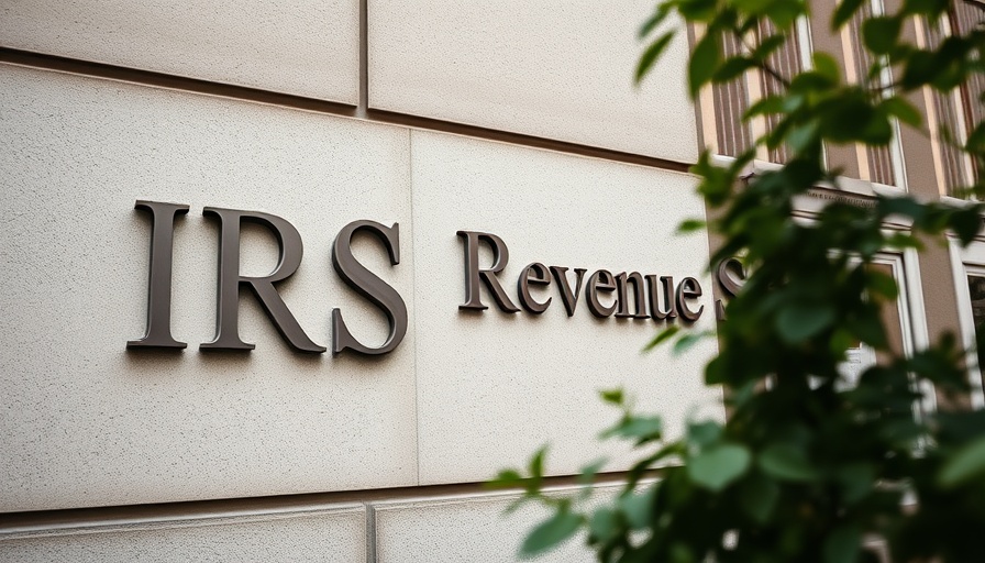 IRS building facade, text partially hidden by leaves.