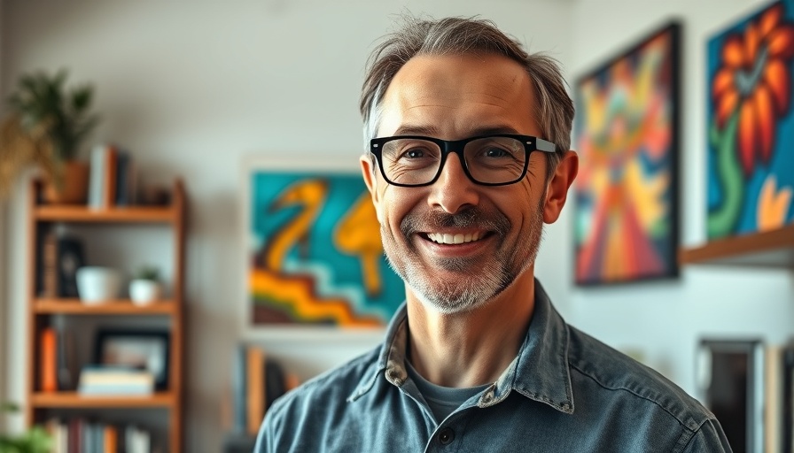 Gen Z and health care interaction: Middle-aged man smiling indoors with books