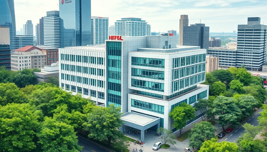 Modern hospital building for robotic brain surgery in urban environment.