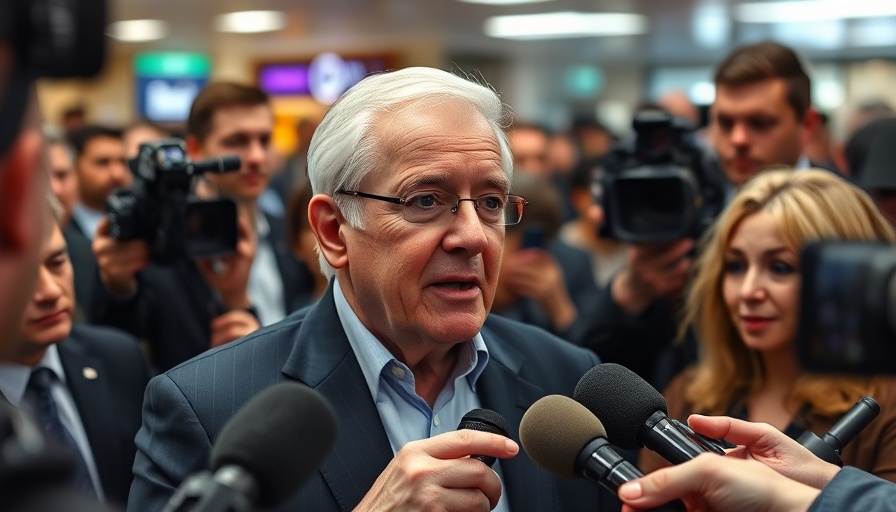 Elderly politician discusses Senior Scams Bill with reporters indoors.