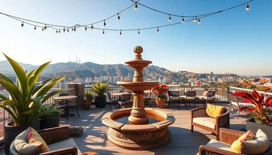 Hollywood Grande hotel rooftop lounge with fountain and city view.