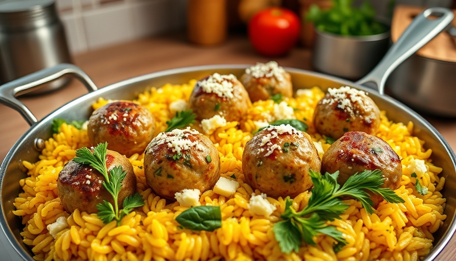 A delicious summer squash orzo skillet with chicken meatballs, topped with cheese.